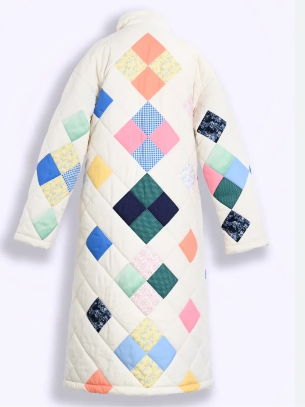 Yellow the Label Quilted Patchwork Belted Coat - White with Multicolor Diamonds - Picture 5 of 8